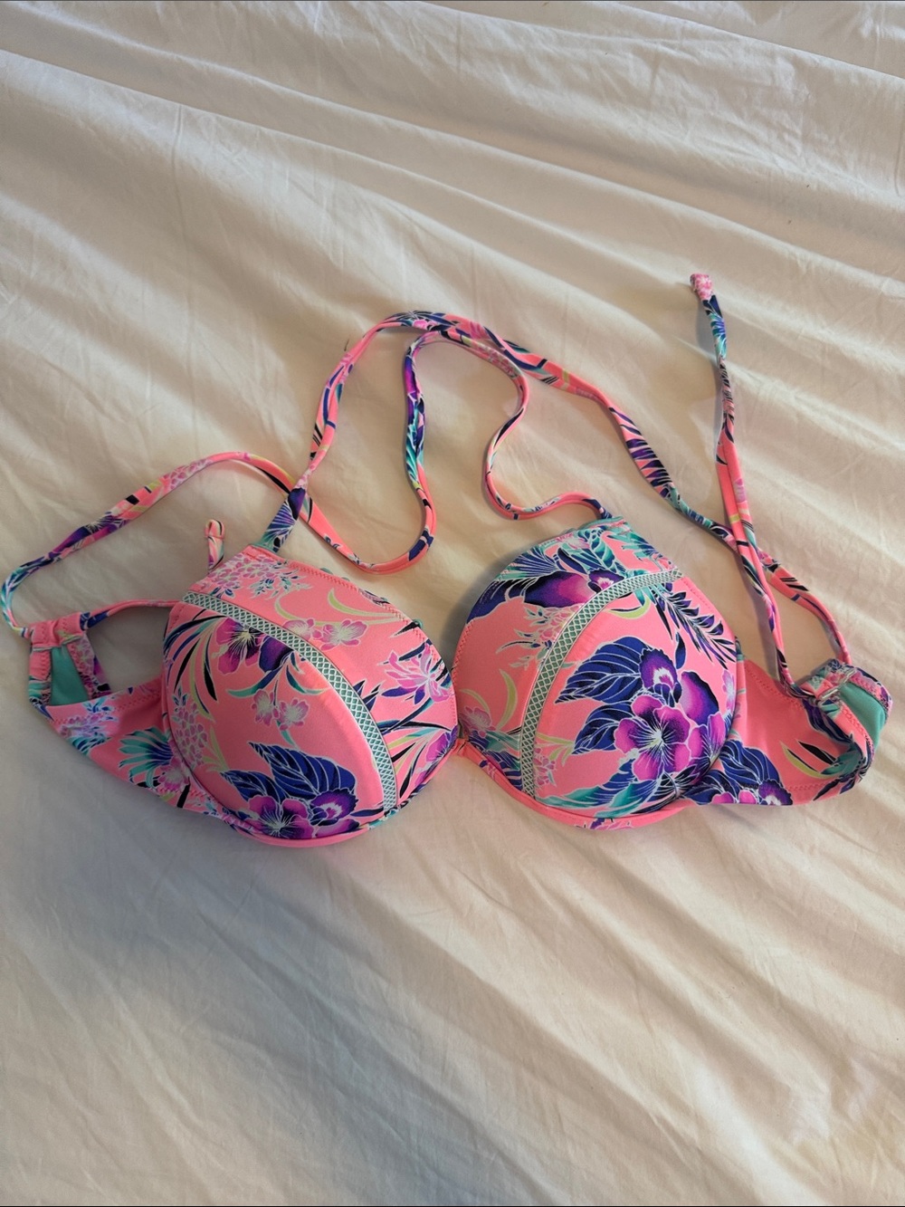 Shade & Shore Pink Floral Bikini Top with Purple and Teal Accents 34 D